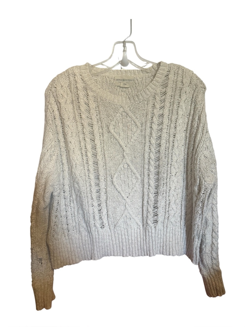 Denim & Supply Ralph Lauren distressed Cream Cable Knit Crewneck Sweater small